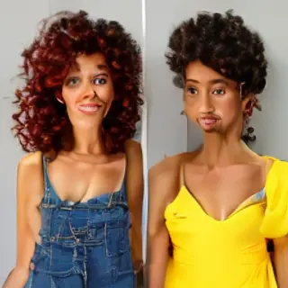 Two friends posing: one tall with curly red hair in denim ov