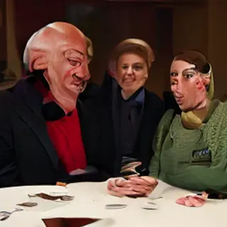 Four people at a dinner table: a bald man in a suit, a woman