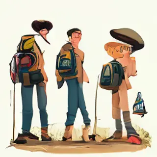 Three hikers on a trail: a man with a backpack and sunhat, a