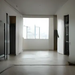 A wide-angle shot of a modern living room interior showing e