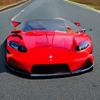A bright red sports car parked on a gray asphalt road — the 