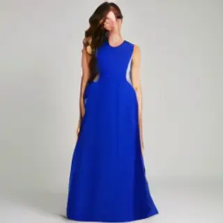A woman wearing a royal blue evening dress against a neutral