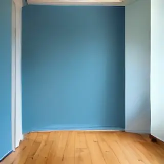 A room with walls in #4A90D9 (medium blue) with warm wooden 