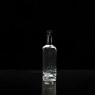 A clear glass perfume bottle on a reflective black surface w