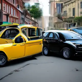 A yellow taxi and a black limousine parked next to each othe