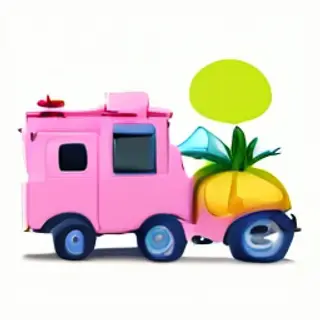 A pink fire truck, a blue banana, and a green sun in a surre