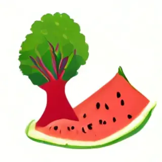 A purple carrot, a red tree with red leaves, and a white wat