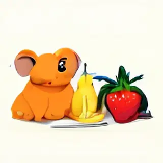 An orange elephant, a yellow penguin, and a silver strawberr