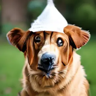 A golden retriever wearing a tiny cowboy hat
