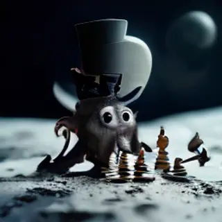 An octopus wearing a top hat and monocle playing chess on th