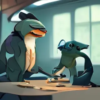 A dinosaur in a business suit giving a PowerPoint presentati