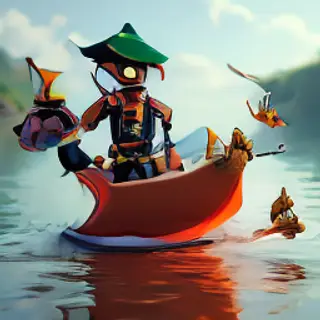 A robot dressed as a pirate sailing a paper boat on a lake o