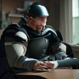 A medieval knight in full armor sitting at a desk typing on 