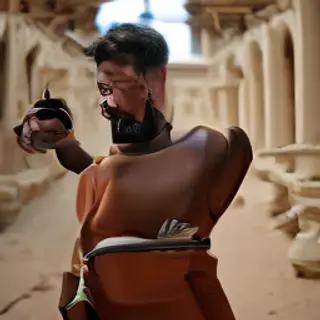 A Roman gladiator taking a selfie with a smartphone in the C