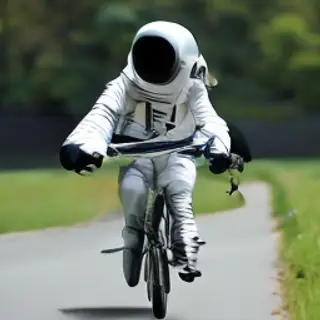 An astronaut in a spacesuit riding a bicycle through a park