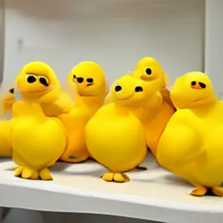 Exactly 5 yellow rubber ducks sitting in a row on a bathroom