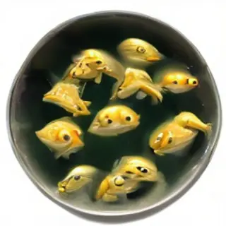 Exactly 9 goldfish swimming in a large round fishbowl