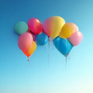 Exactly 11 colorful balloons floating against a clear blue s