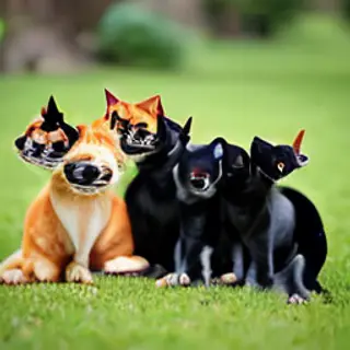 2 orange cats and 3 black dogs sitting together on a grassy 