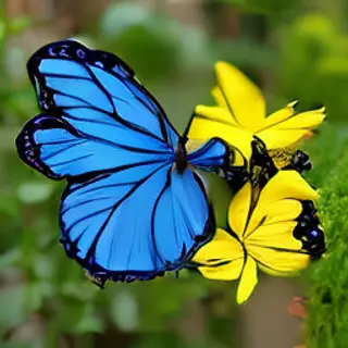 1 blue butterfly and 3 yellow butterflies resting on a garde