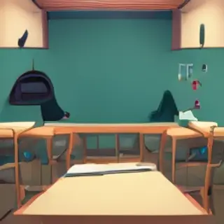 A classroom with desks and a chalkboard but no students
