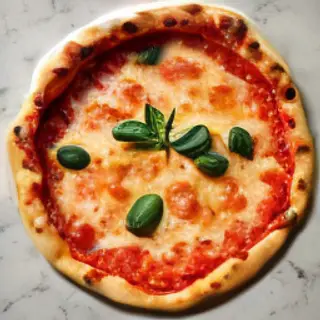 A pepperoni pizza with tomato sauce, basil, and crust but ab