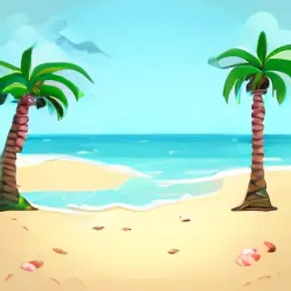 A sandy beach with palm trees, seashells, and a beach umbrel