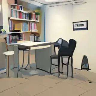 An office workspace with a desk, chair, bookshelf, and lamp 