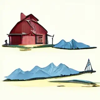 A landscape with a red barn in the foreground at large scale