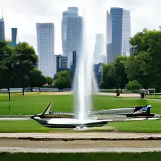 A city park with a park bench and pigeons in the foreground,