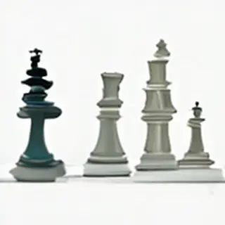 Five chess pieces on a board: a king in the center, a queen 