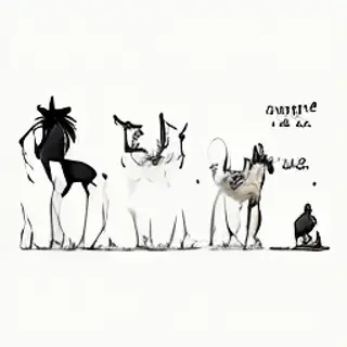 Five animals in a field: a horse on the far left, a cow to t
