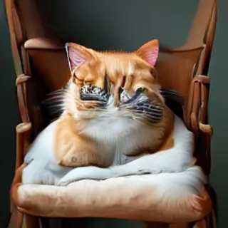 A cat sitting on a pillow, the pillow placed on a wooden cha
