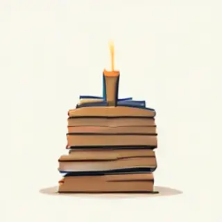 A candle on top of a stack of books, the books next to a pot