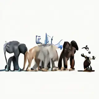 A group photo of an elephant, a horse, a dog, a cat, and a m