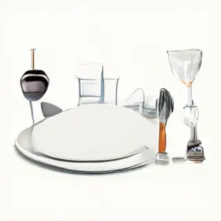A dinner table scene with a plate, fork, knife, wine glass, 