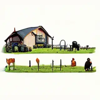 A farm scene with a barn, tractor, farmer, cow, chicken, and