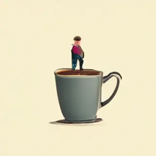 A tiny person standing on the rim of a coffee cup, looking d