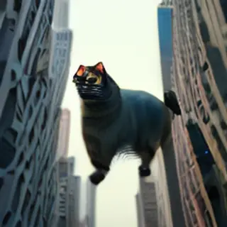 A giant tabby cat walking between city skyscrapers like a ka