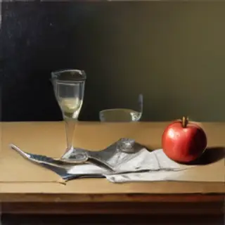 A still life on a wooden table featuring a clear glass of wa