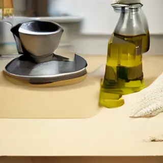 A kitchen counter with a stainless steel pot, a wooden cutti