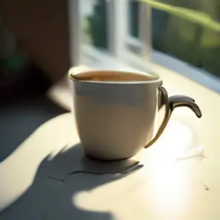 A coffee mug on a sunny windowsill casting a sharp shadow to