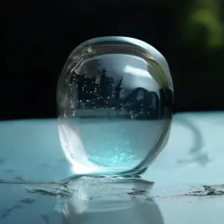 A clear glass sphere sitting on a mirror surface near a pool
