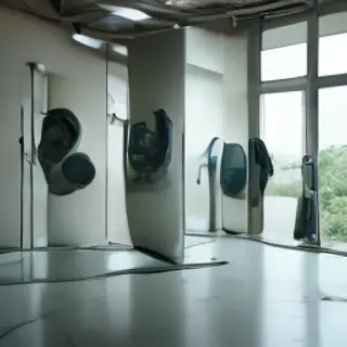 A chrome sculpture in a room with a glass floor and large wi