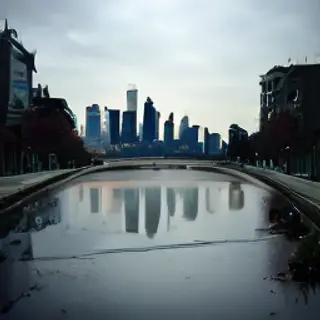 A city skyline reflected in a rain puddle on a street, with 