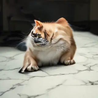A cat sitting on a polished marble floor with its reflection