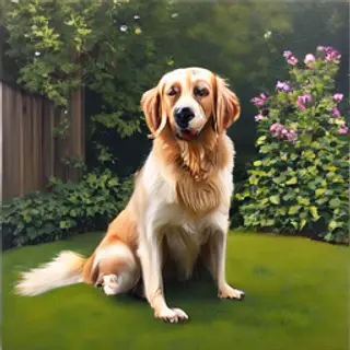 A golden retriever sitting in a garden, painted in the style