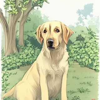 A golden retriever sitting in a garden, rendered in Japanese