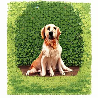 A golden retriever sitting in a garden, rendered in pixel ar