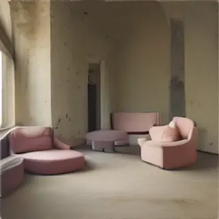 An interior scene rendered in soft brutalism — raw concrete 